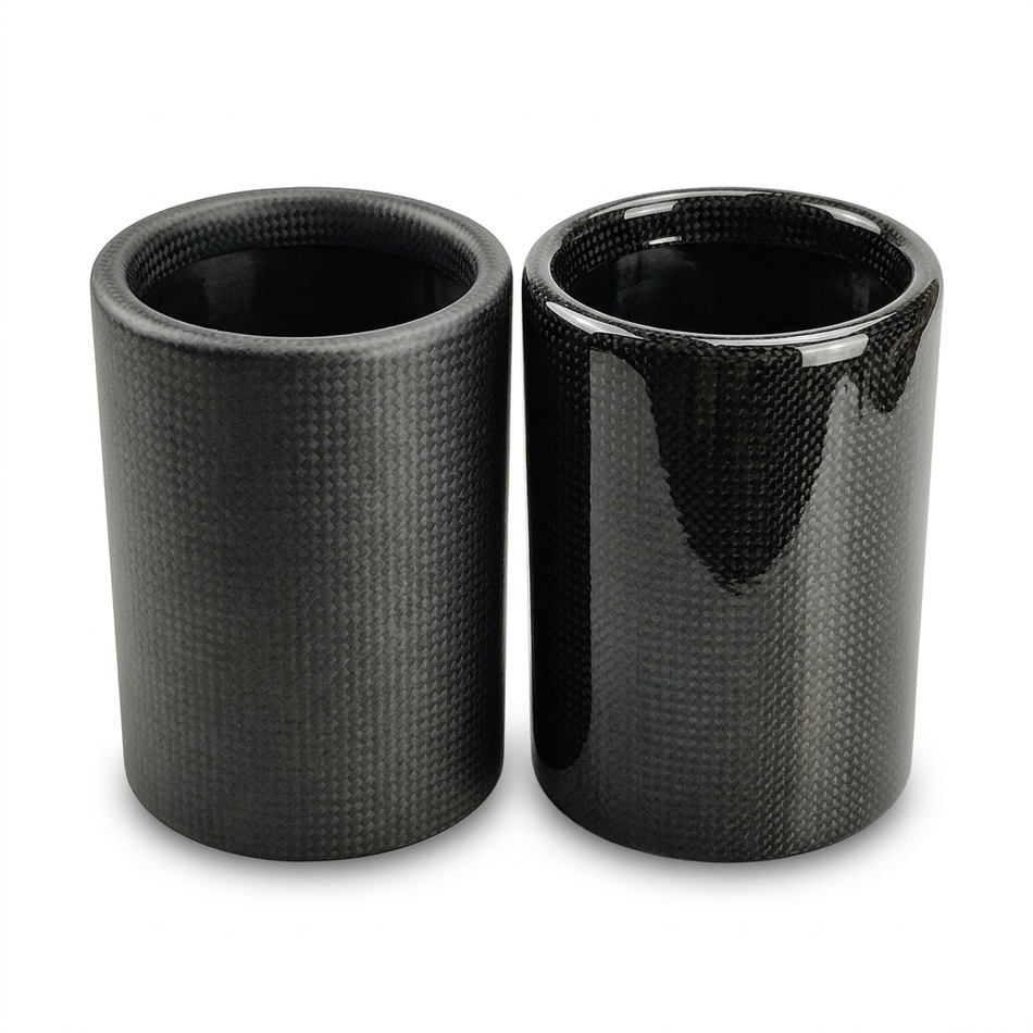 Matte and glossy carbon fibre exhaust tip sleeves on white