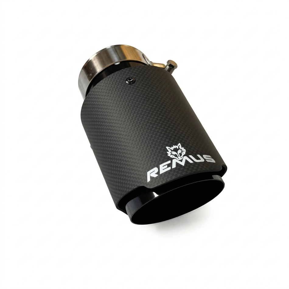 Single glossy carbon fibre exhaust tip on a white background