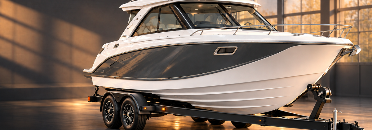 Cabin cruiser on a trailer in a workshop