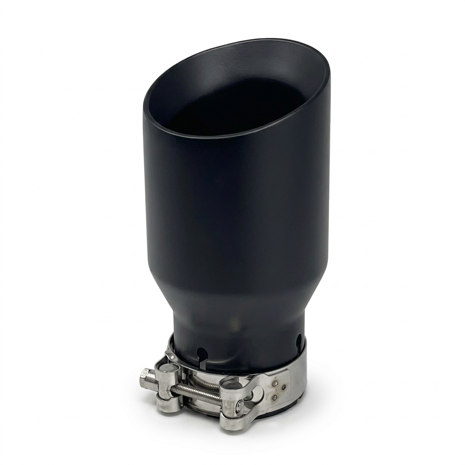 Matte-black single exhaust tip on white
