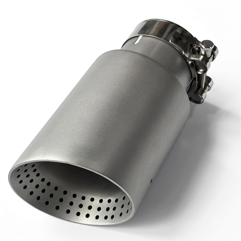 Single bevel-edge exhaust tip on white