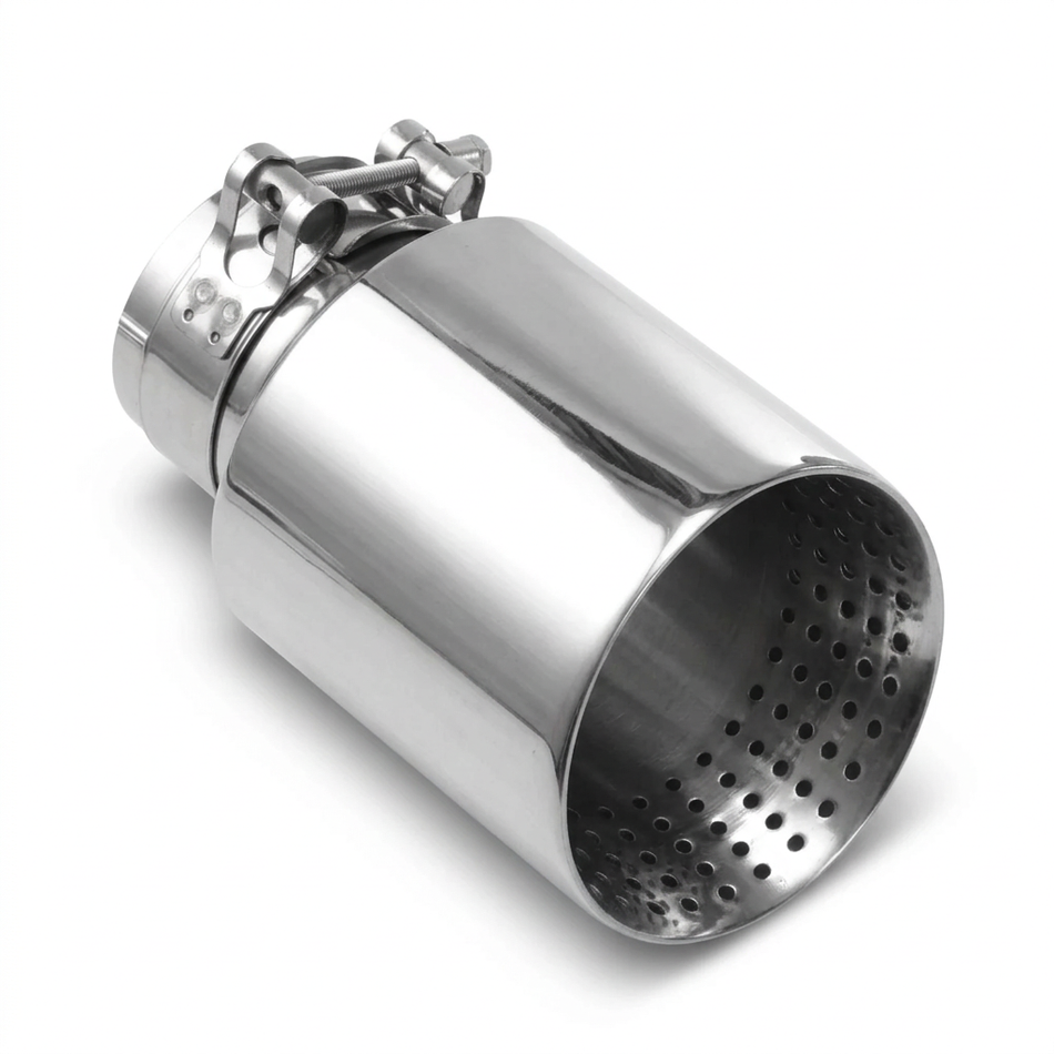 Single stainless steel exhaust tip on white