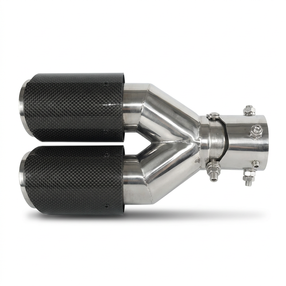 Twin carbon-fibre exhaust tip, clean side view